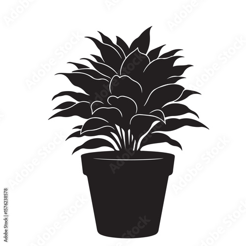 Potted plant silhouette, black houseplant in pot, vector illustration