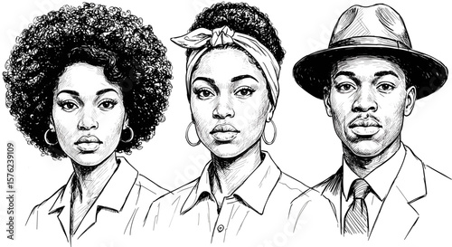Vintage ink sketch black people illustration black and white hand drawn doodle, perfect for celebrating Black History Month

