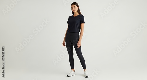 Woman in activewear, showcasing sportswear design against a plain background,Fitness apparel for women, featuring leggings, a t-shirt, and running shoes