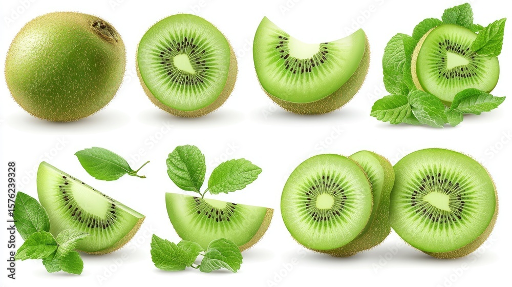 Fototapeta premium Kiwi fruit slices and whole kiwi with leaves.