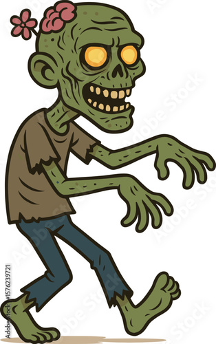 Cartoon zombie with glowing eyes, tattered clothes and flower crown, spooky character for Halloween, horror design, undead illustration art