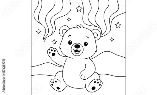 Cute cartoon bear waving under a starry night sky with northern lights