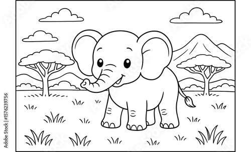 Cute elephant coloring page: adorable cartoon in safari landscape for kids