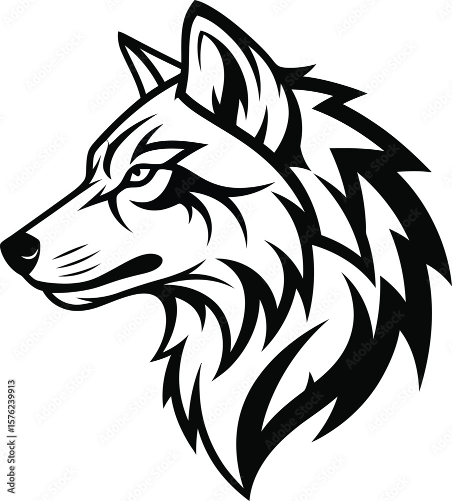 Fototapeta premium A striking black and white vector image of a wolf head, isolated on white background, capturing its intense gaze and powerful presence