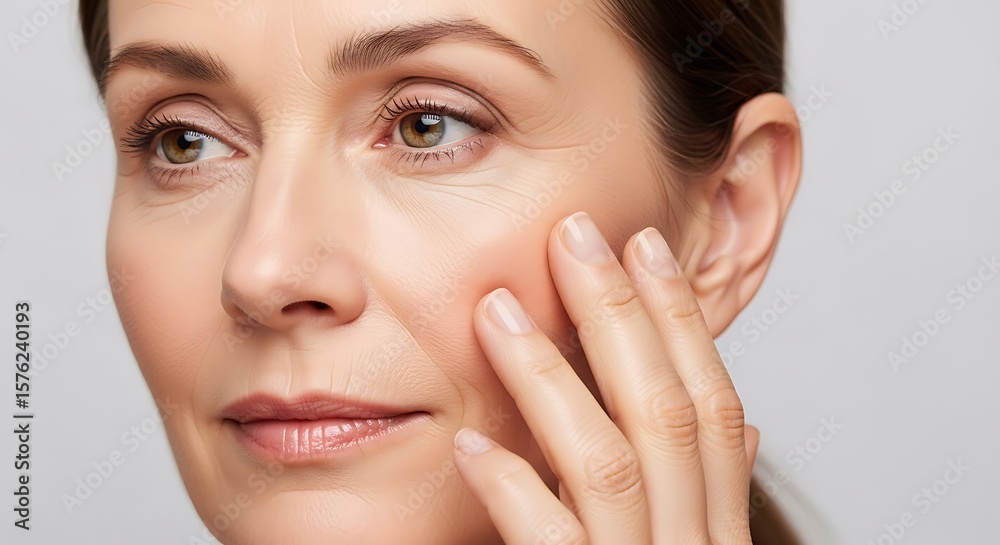 Fototapeta premium Close-Up of Mature Woman's Face with Hand Touching Cheek, Portrait of Beautiful Woman with Wrinkles and Glowing Skin Touching Her Face