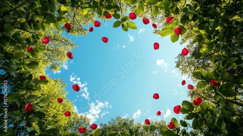 Falling blossoms framing a vibrant summer sky.
