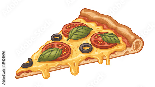 A Detailed Illustration of a Delicious Pizza Slice Melted Cheese, Tomatoes, and Olives