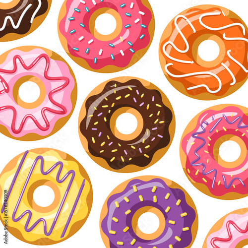 A Digital Illustration of a Collection of Delicious Donuts Sweet Treats and Colorful Glaze