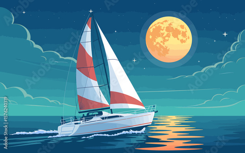 Digital Illustration Lone Sailboat Under a Full Moon Night
