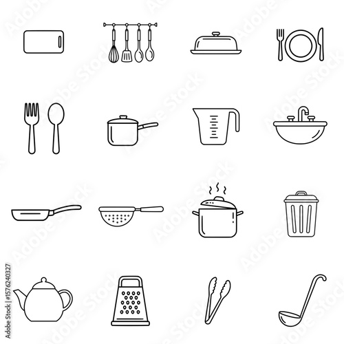 Set of 16 simple vector icons depicting kitchen utensils and tools  