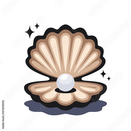 Digital Illustration Open Pearl Shell with Gleaming Pearl