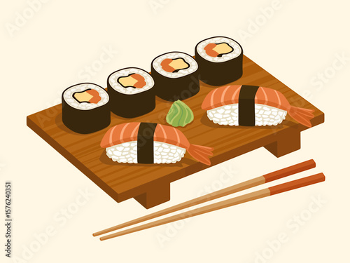 Delicious Japanese Sushi A Digital Illustration of Fresh, Rolled Delights
