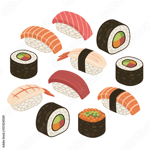 Delicious Sushi A Digital Illustration of Various Japanese Sushi Pieces