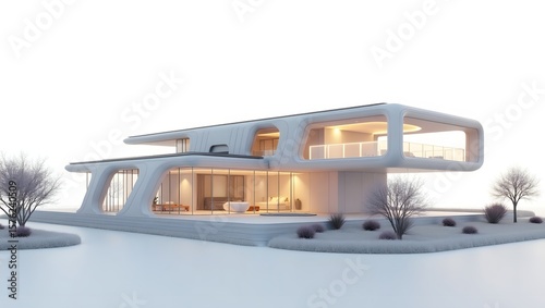House in snowy winter near beach with peaceful surroundings
