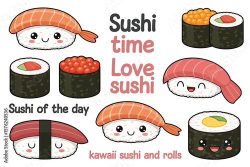 Kawaii Sushi Time A Delightful Illustration of Cute Sushi Rolls and Nigiri