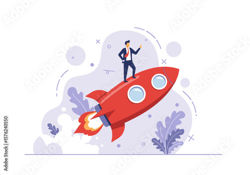 A determined businessman stands confidently atop a red rocket launching into the sky, symbolizing rapid business growth and successful startup ventures.