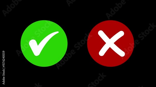 Animated pop-up green check mark and red cross X symbol on a transparent background. A checkmark in and out motion graphics animation. Video footage of yes or no, true or false with alpha channel