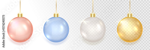 Christmas balls gold silver blue red. Xmas golden decoration. 3d luxury bauble design element. Clear glass hang toy. New year gift. Glitter sphere. Festive present card. Vector illustration