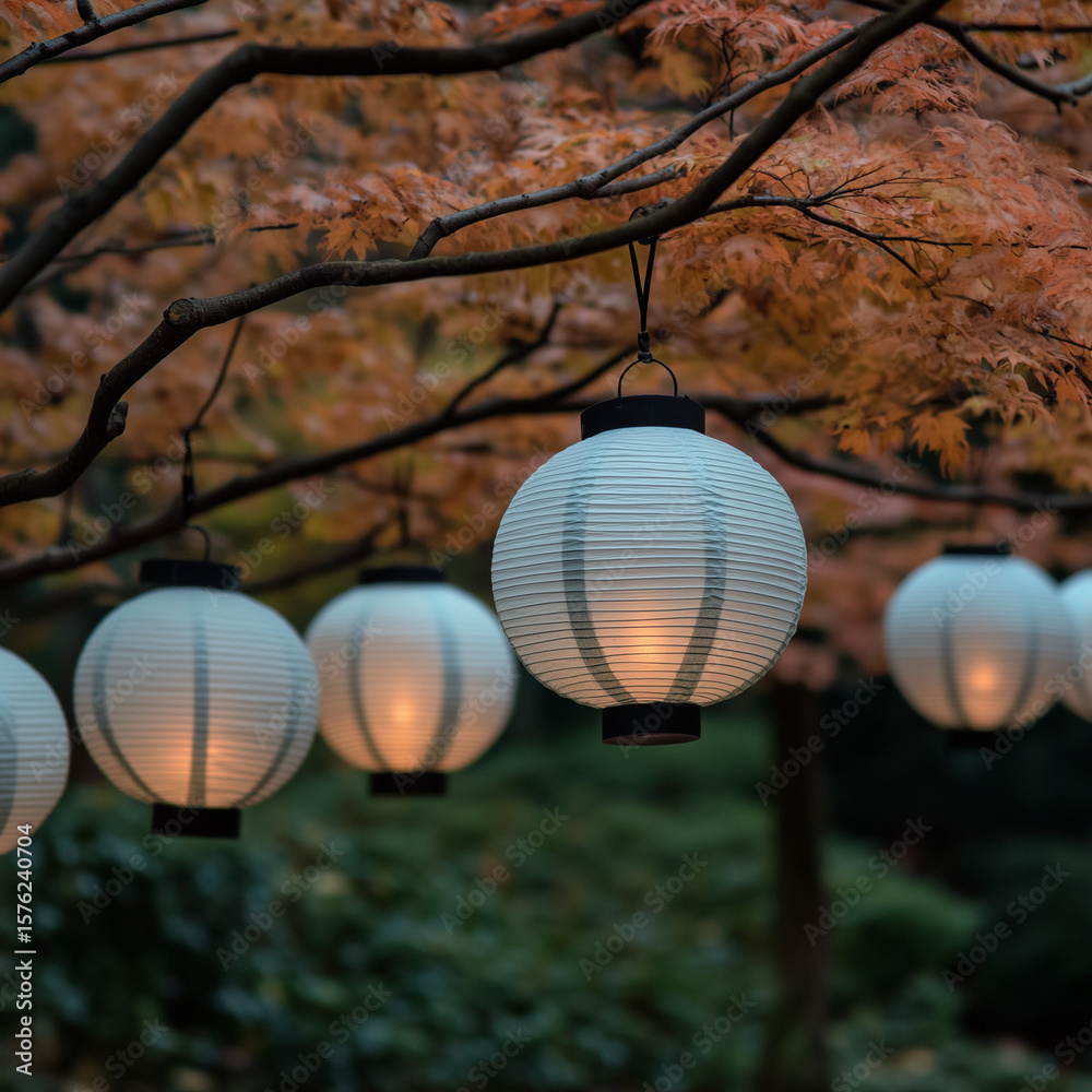 Obraz premium Hanging paper lanterns illuminated among autumn foliage in a serene garden