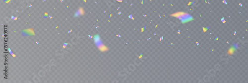 Holographic confetti falling frame. Rainbow light hologram background. Prism lens. Shiny festive decor. Crystal texture. Party celebration. Glamour design. Vector Illustration