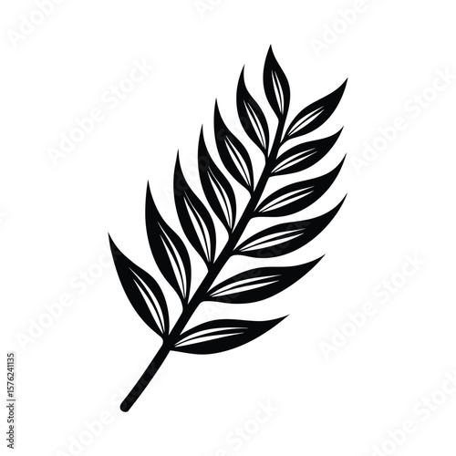 Stylized black silhouette of a fern frond with delicate leaves on a white background