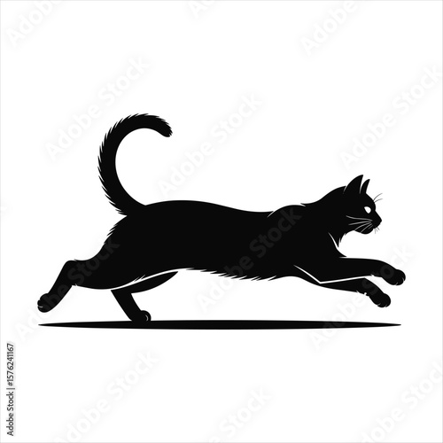 Black cat silhouette running with tail curled high and white glowing eyes jumping leaping
