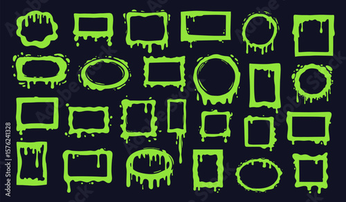 Flat green slime frames for halloween. Vector border shapes poison toxic decoration set