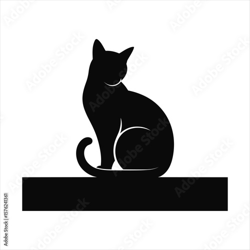 Black cat silhouette sitting on a horizontal bar with white accents animal