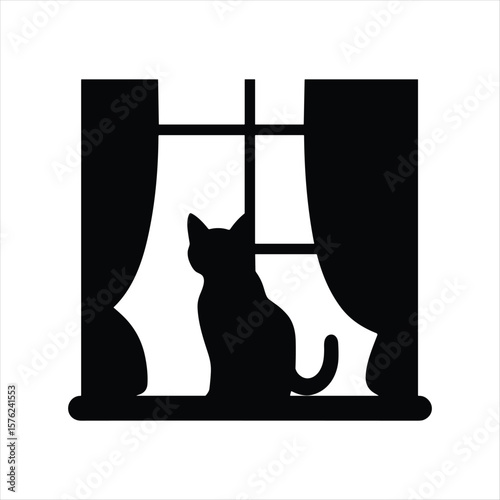 Black cat silhouette sitting on windowsill looking out window with curtains vector