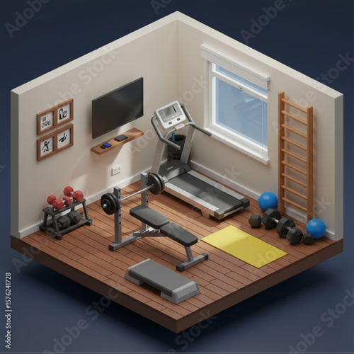 Isometric 3D Render of a Home Gym Room. Private Fitness Studio for Workout and Exercise with Treadmill, Weight Bench, and Equipment.