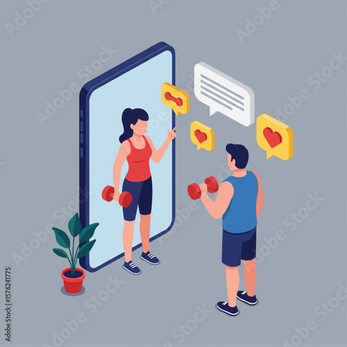 Online Fitness Training Session App Concept Isometric Illustration