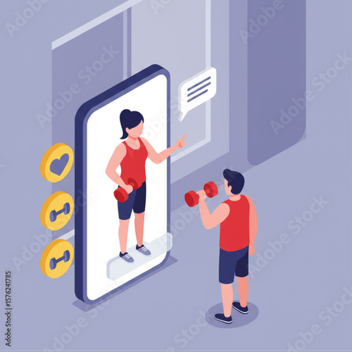 Online Fitness Training via Smartphone App Isometric Illustration