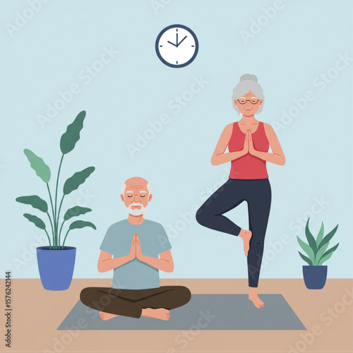 Senior Couple Doing Yoga and Meditation at Home