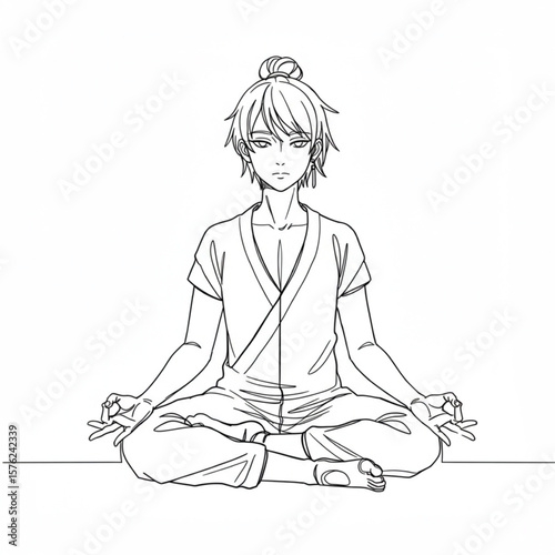 Anime Style Character Meditating in Lotus Pose Line Art