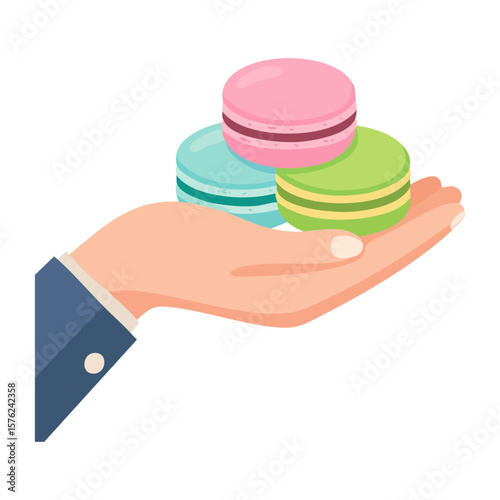 A hand delicately presents a trio of colorful macarons, a delightful dessert treat