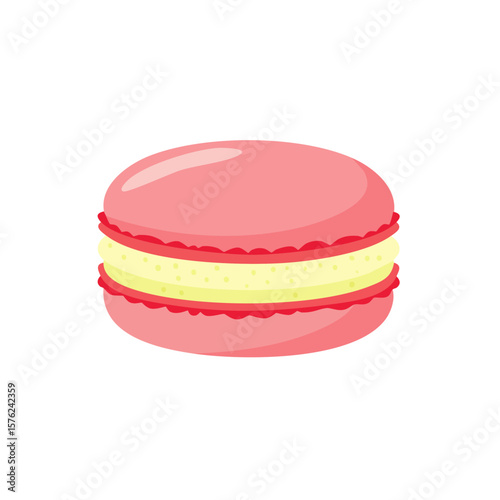 A single, delightful macaron in a vibrant pink color, a sweet and tempting treat. The macaron has a creamy yellow filling