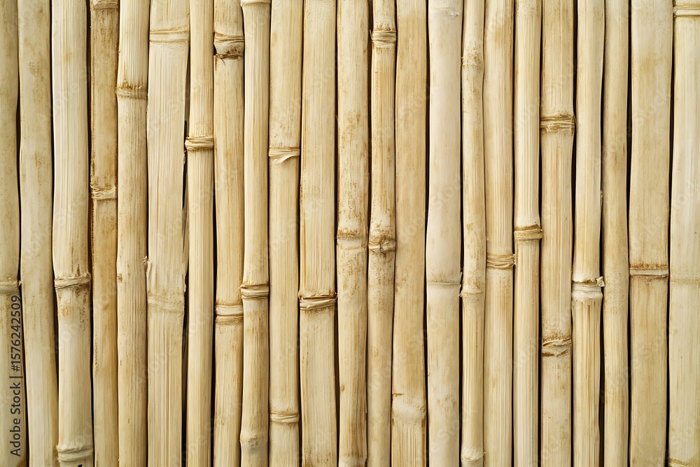 Fototapeta premium Close up view of a bamboo wall with vertical stalks and natural light brown color and texture details