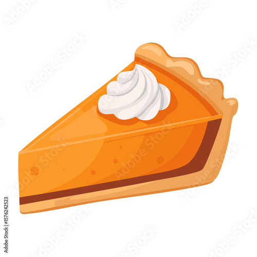 A slice of delicious pie topped with a swirl of whipped cream. The pie has a golden crust and a filling that is a warm orange hue.