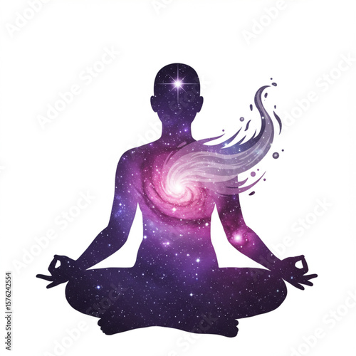 Meditation Silhouette with Cosmic Galaxy and Energy Flow