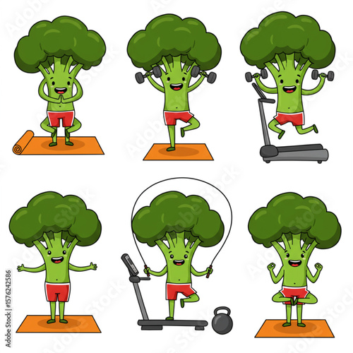 Cute Broccoli Character Exercising Set, Healthy Lifestyle Cartoon Illustration