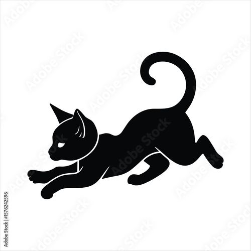 Black cat silhouette stretching and playing on white background animal feline
