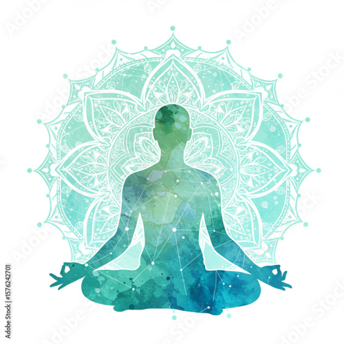 Meditating Person Silhouette with Watercolor Mandala and Spiritual Connection Lines