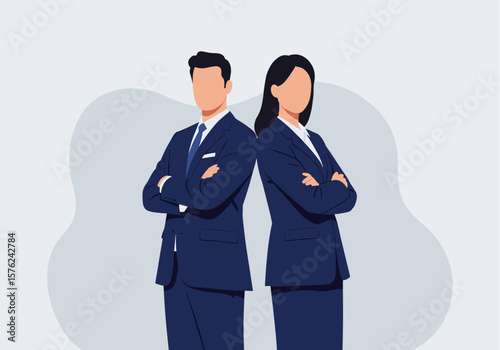 An illustration featuring a confident male and female business professional standing back-to-back with arms crossed, symbolizing partnership and teamwork.
