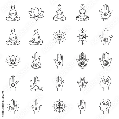 Spiritual and Meditation Line Icons Set - Yoga Symbols, Lotus, Hamsa, Om, and Human Figures