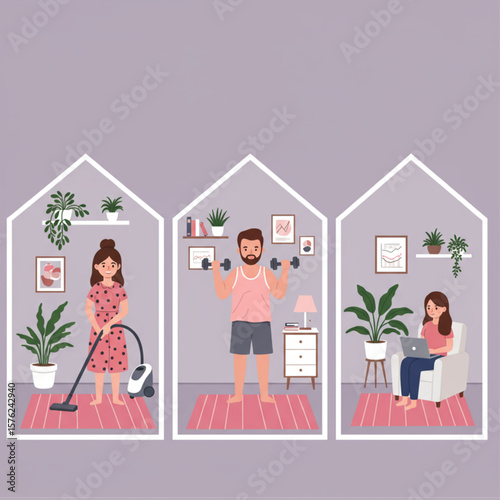 People Doing Various Activities at Home Inside Abstract House Outlines - Stay at Home Concept