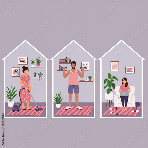 People Doing Various Activities at Home Inside House Shapes - Cleaning, Exercising, and Working Remotely. Stay Home Concept Illustration.