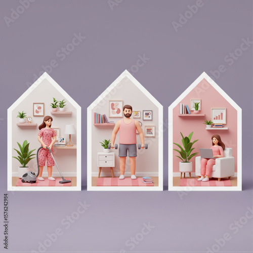 Home activities and quarantine lifestyle concept, people doing different things in separate house shapes, 3D illustration