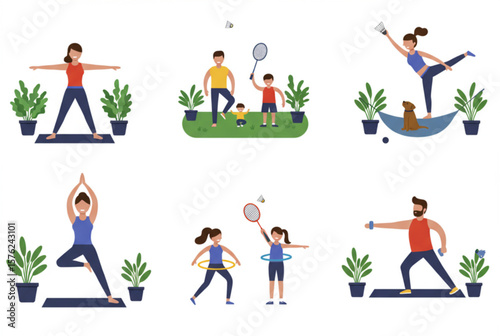 People Family Doing Exercise and Fitness Activities Set Vector Illustration
