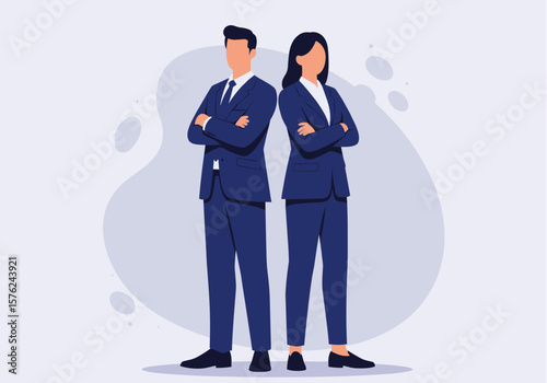 A vector illustration depicts a business team, a man and a woman, standing back-to-back with arms crossed, symbolizing partnership and teamwork against a soft, abstract background.