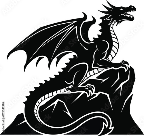 A powerful dragon sits atop a rocky peak, isolated on white background